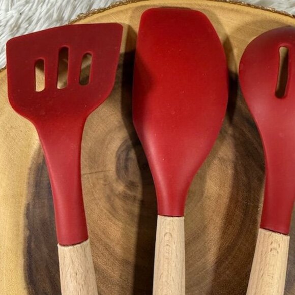 NWOT 4pc Red Silicone and Wood Cooking Utensils Spatulas and Spoons Set - Picture 6 of 11